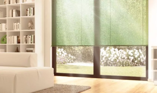 Teil eines Wohnzimmers mit bodenhohen Fenstern mit grünen Jalousien