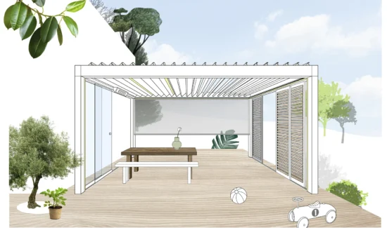 Illustration eines modernen Garten-Pavillons mit Tisch und Pflanzen